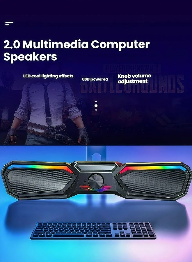 Flushrenic Wired computer speaker with USB power supply and cool LED lights, dual magnetic full range subwoofer with multifunctional knob adjustment 2.0, multimedia speaker with ground facing sound wave design, honeycomb heat dissipation network black (17.3 "x 3.1" x 3.5 ") - Image 1