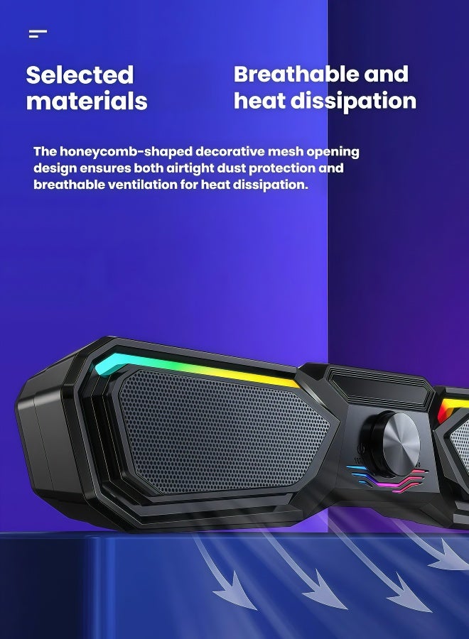 Flushrenic Wired computer speaker with USB power supply and cool LED lights, dual magnetic full range subwoofer with multifunctional knob adjustment 2.0, multimedia speaker with ground facing sound wave design, honeycomb heat dissipation network black (17.3 "x 3.1" x 3.5 ") - Image 5