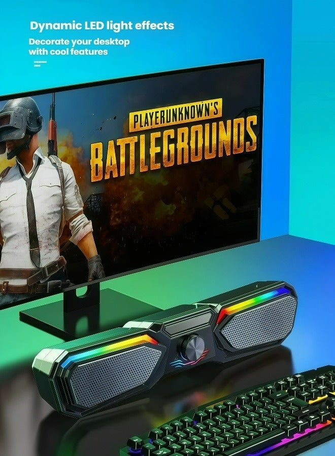 Flushrenic Wired computer speaker with USB power supply and cool LED lights, dual magnetic full range subwoofer with multifunctional knob adjustment 2.0, multimedia speaker with ground facing sound wave design, honeycomb heat dissipation network black (17.3 "x 3.1" x 3.5 ") - Image 2