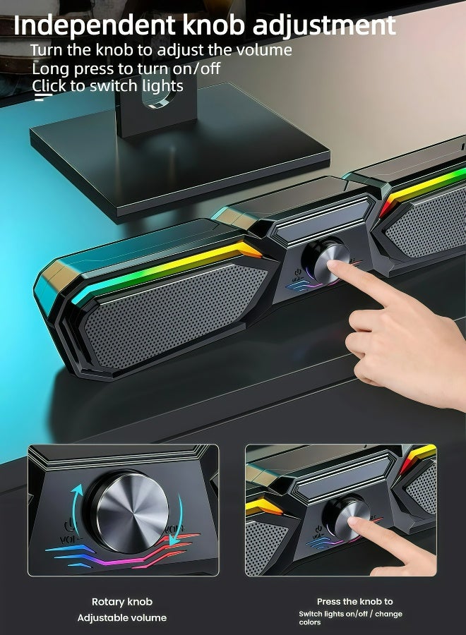 Flushrenic Wired computer speaker with USB power supply and cool LED lights, dual magnetic full range subwoofer with multifunctional knob adjustment 2.0, multimedia speaker with ground facing sound wave design, honeycomb heat dissipation network black (17.3 "x 3.1" x 3.5 ") - Image 3