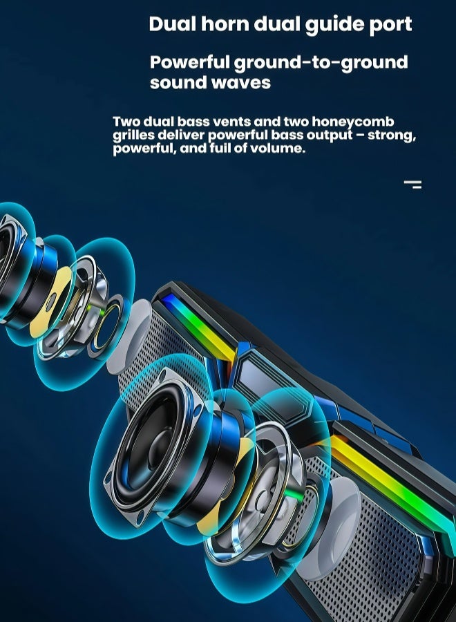 Flushrenic Wired computer speaker with USB power supply and cool LED lights, dual magnetic full range subwoofer with multifunctional knob adjustment 2.0, multimedia speaker with ground facing sound wave design, honeycomb heat dissipation network black (17.3 "x 3.1" x 3.5 ") - Image 4