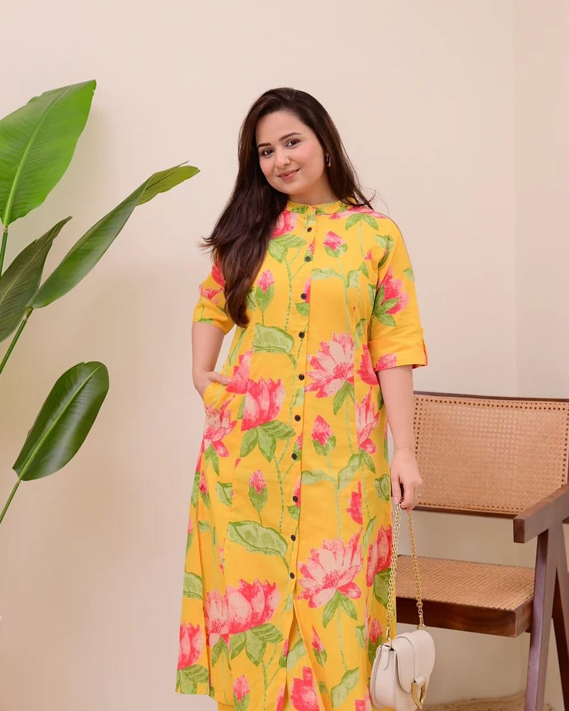 MEERA FAB Yellow Lotus Cotton Kurta Palazzo Set - Image 3