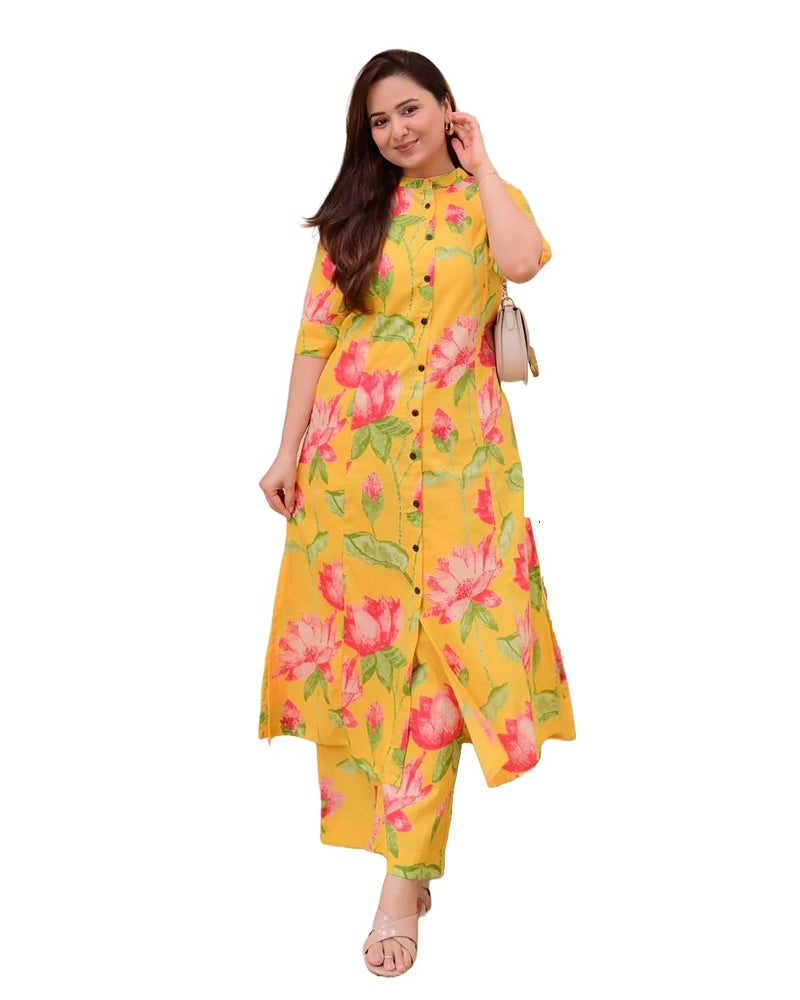 MEERA FAB Yellow Lotus Cotton Kurta Palazzo Set - Image 1