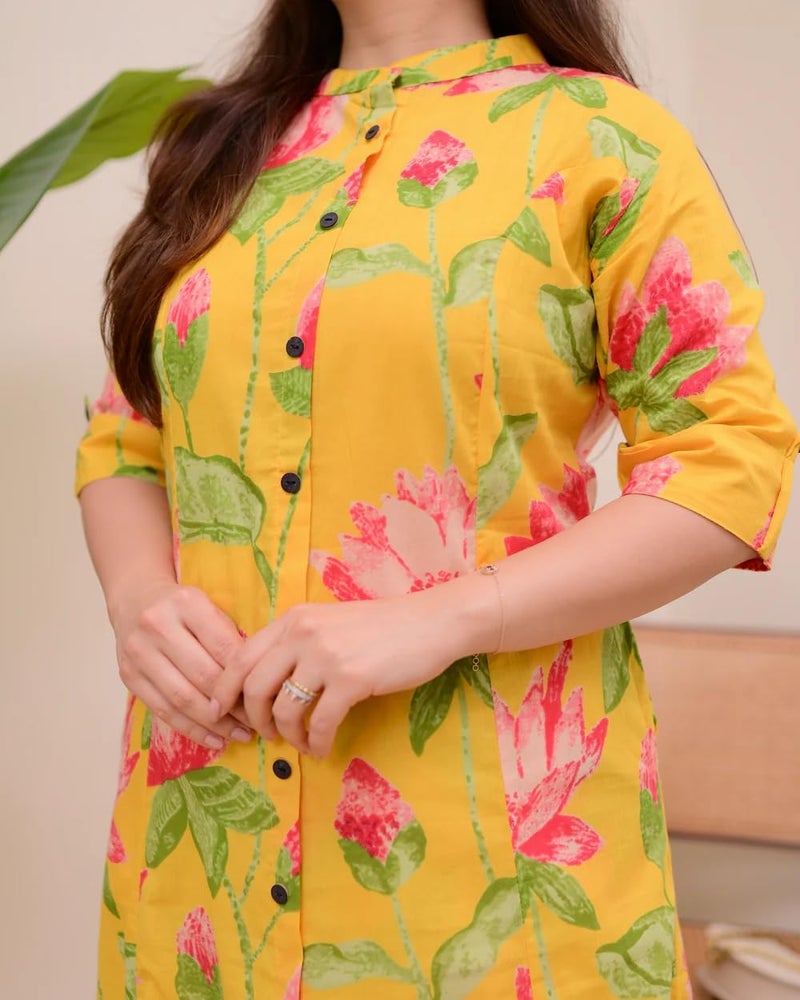MEERA FAB Yellow Lotus Cotton Kurta Palazzo Set - Image 5