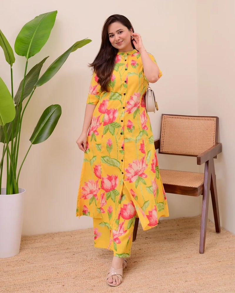 MEERA FAB Yellow Lotus Cotton Kurta Palazzo Set - Image 2