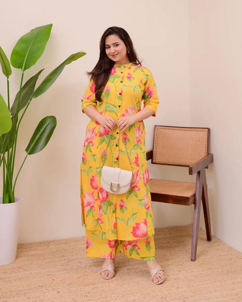 MEERA FAB Yellow Lotus Cotton Kurta Palazzo Set - Image 4