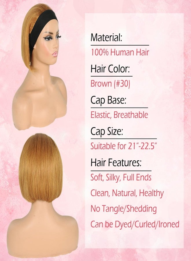Adette Bob Human Hair Headband Wigs Straight Brown Wigs For Black Women Short Bob Human Hair Wigs Color #30 Golden Brown None Front Lace 150% Density Brazilian Human Hair (8") - Image 2