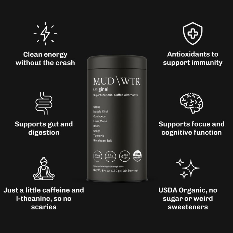 MUDWTR Original Mushroom Coffee Alternative | 2,240mg USA Grown & Adaptogenic Mushrooms | USDA Organic | Lion's Mane, Cordyceps, Chaga & Reishi | Energy, Focus & Immunity Support | 30 Servings - Image 2