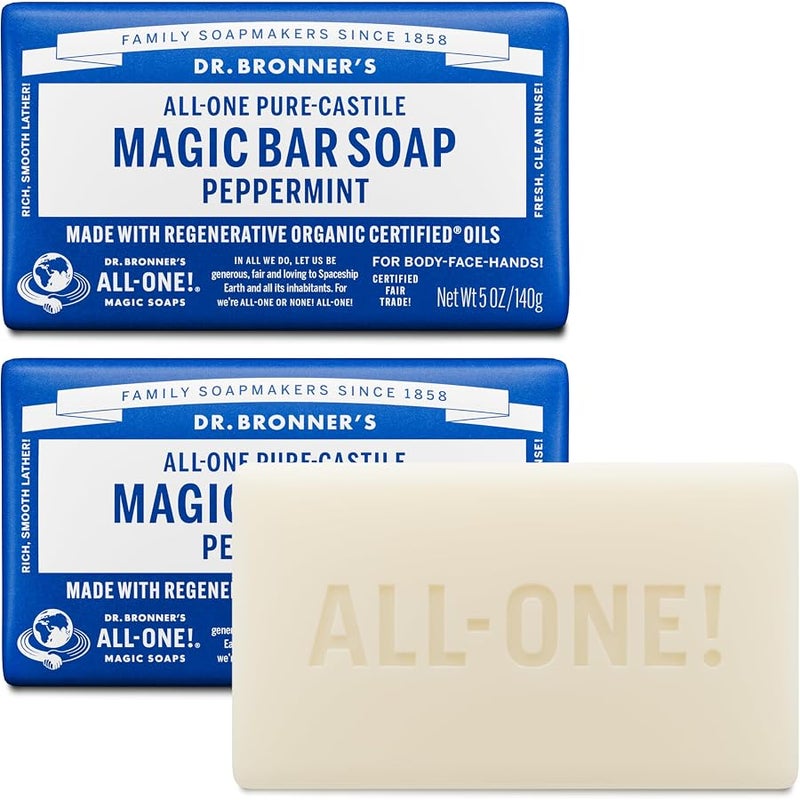 Dr. Bronner's Pure-Castile Magic Bar Soaps (Peppermint, 5oz, 2-Pack) – Made with Regenerative Organic Certified Oils, Soap Bars for Men & Women, Gentle for Face & Body, Vegan, Non-GMO - Image 1