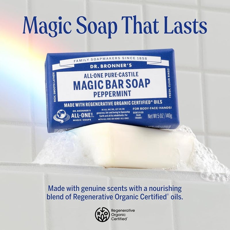 Dr. Bronner's Pure-Castile Magic Bar Soaps (Peppermint, 5oz, 2-Pack) – Made with Regenerative Organic Certified Oils, Soap Bars for Men & Women, Gentle for Face & Body, Vegan, Non-GMO - Image 2