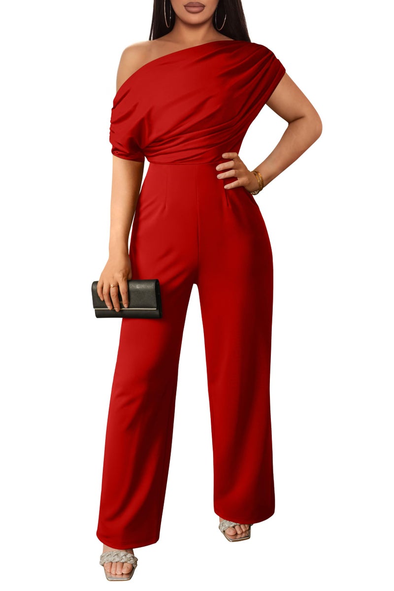 YMDUCH Women's Casual Sleeveless Off Shoulder Wide Leg Long Pant Jumpsuits Red - Image 1