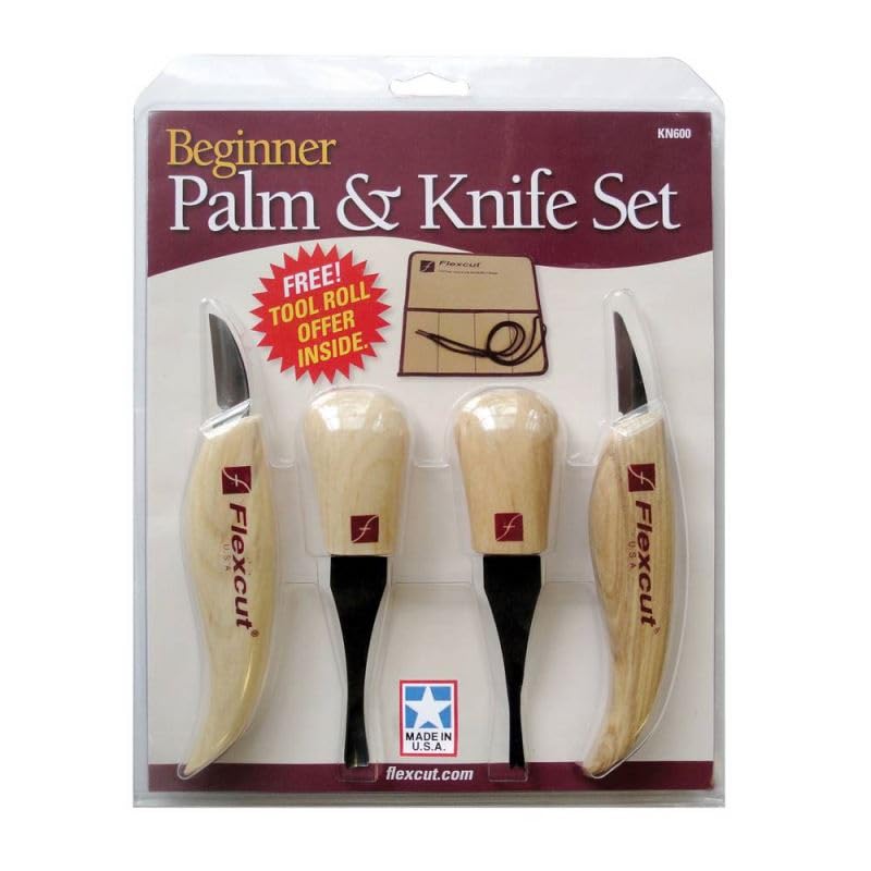 Flexcut Wood Carving Tools Beginner Palm & Knife Set KN600 | Includes Cutting Knife and Detail Knife Plus Two Palm Tools | 1095 High Carbon Steel Blades and Ergonomic Ashwood Handles - Image 2