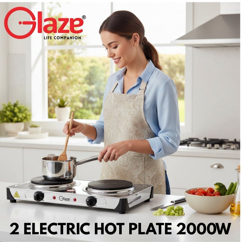 Glaze Electric Hot Plate Double Burner 2000W, Stainless Steel Portable Stove Dual Cast Iron Heating Plates with Temperature Control Knob Compact Cooker for Home, Office & Travel - Image 2