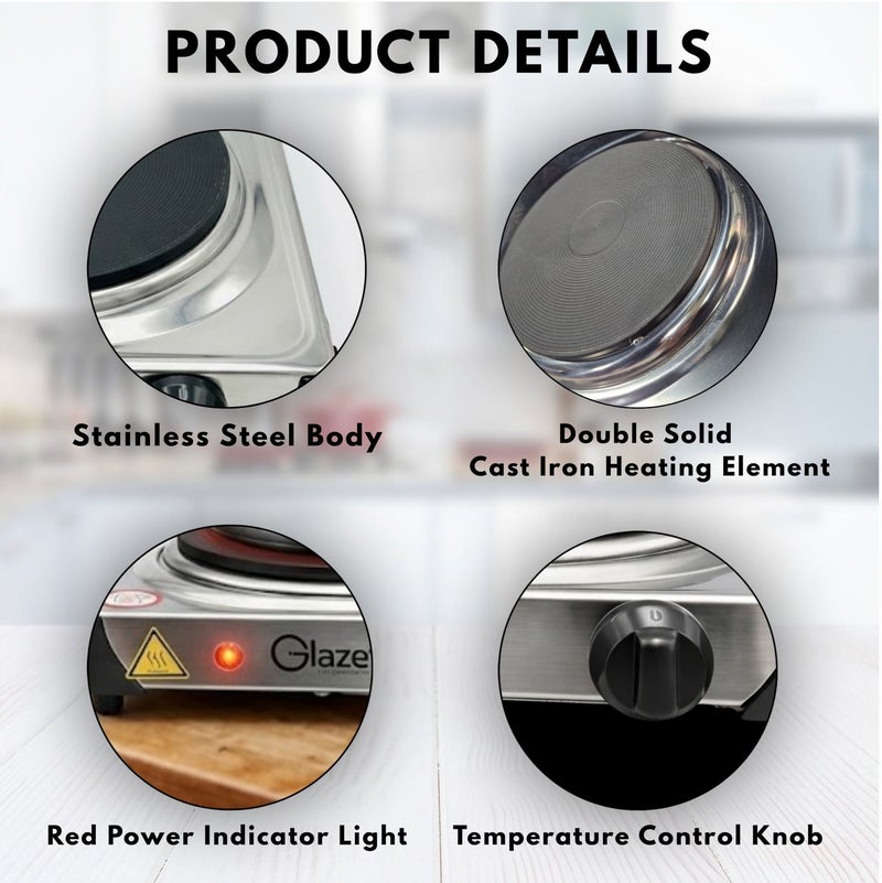 Glaze Electric Hot Plate Double Burner 2000W, Stainless Steel Portable Stove Dual Cast Iron Heating Plates with Temperature Control Knob Compact Cooker for Home, Office & Travel - Image 5