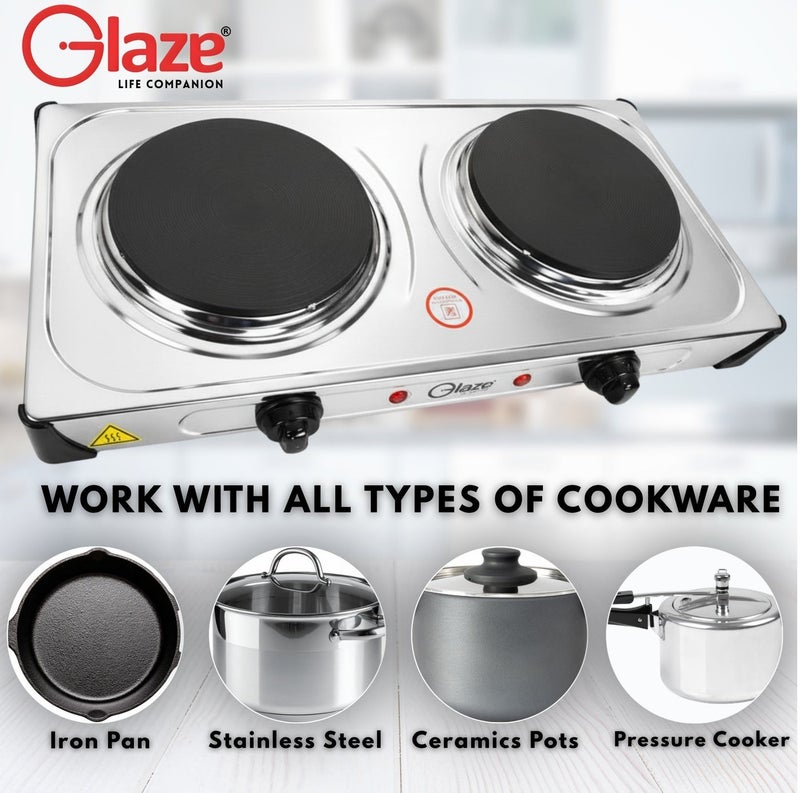 Glaze Electric Hot Plate Double Burner 2000W, Stainless Steel Portable Stove Dual Cast Iron Heating Plates with Temperature Control Knob Compact Cooker for Home, Office & Travel - Image 4