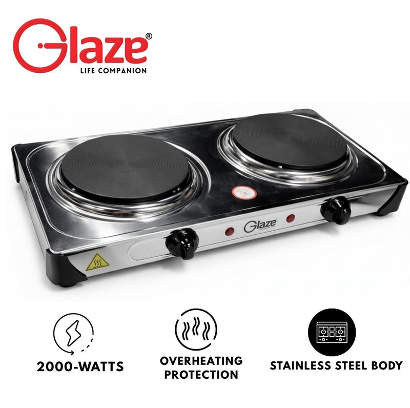 Glaze Electric Hot Plate Double Burner 2000W, Stainless Steel Portable Stove Dual Cast Iron Heating Plates with Temperature Control Knob Compact Cooker for Home, Office & Travel - Image 1