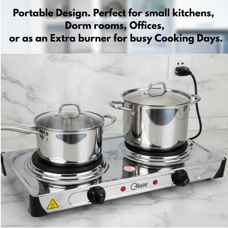 Glaze Electric Hot Plate Double Burner 2000W, Stainless Steel Portable Stove Dual Cast Iron Heating Plates with Temperature Control Knob Compact Cooker for Home, Office & Travel - Image 3