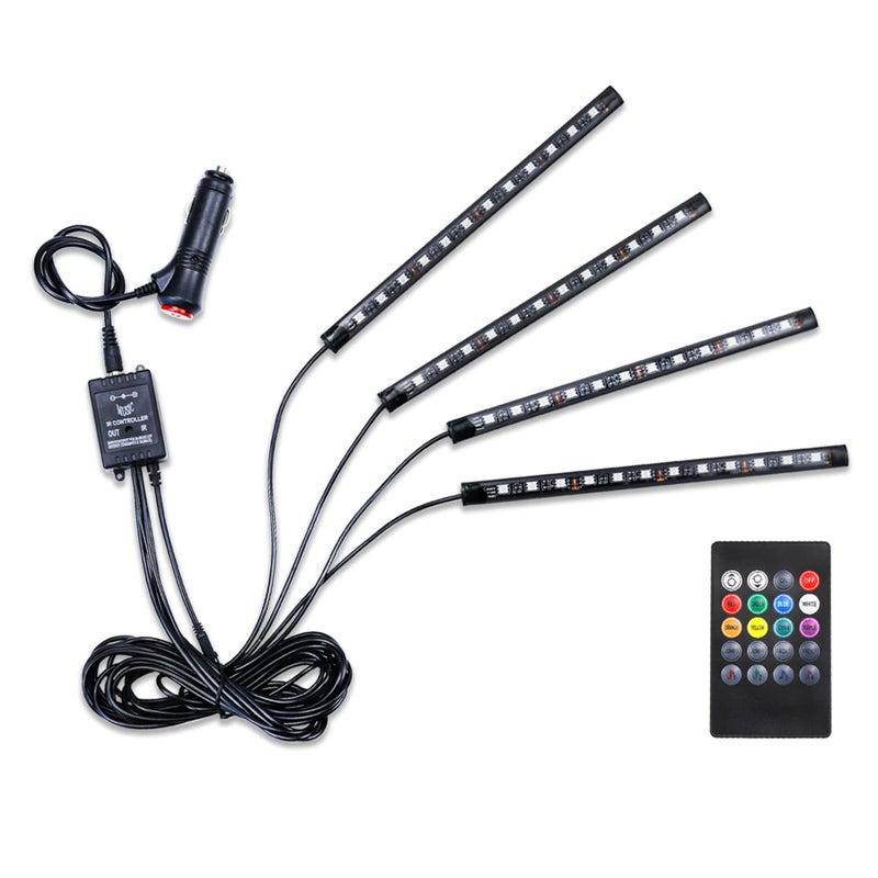 LivTee Car Led Interior Lights4pcs 48 LED Multicolor Music Car Interior Accessories Under Dash Lighting Waterproof Kit with Sound Active Function and Wireless Remote Control Car Charger Included