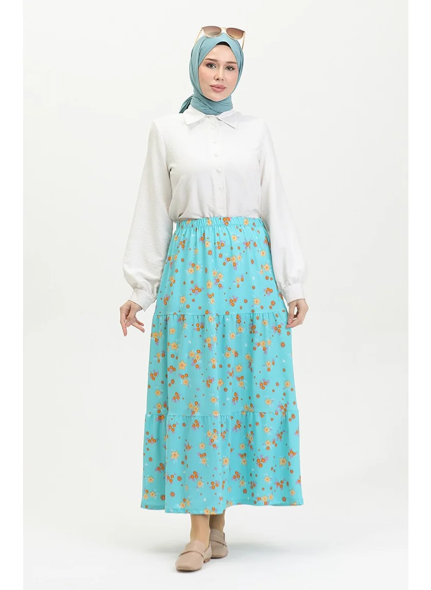 Sefa Merve Floral Patterned Long Layered Crepe Skirt 8718-01 Mint Blue