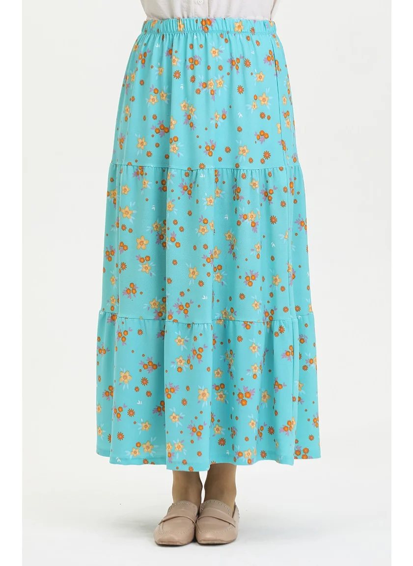 Sefa Merve Floral Patterned Long Layered Crepe Skirt 8718-01 Mint Blue