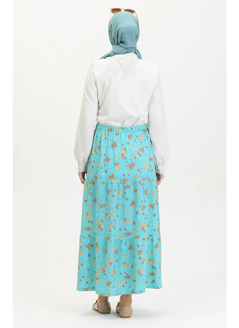 Sefa Merve Floral Patterned Long Layered Crepe Skirt 8718-01 Mint Blue