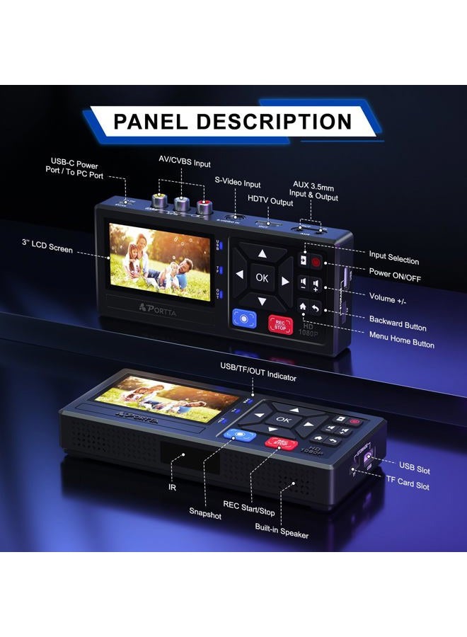 Portta محول PORTTA من VHS إلى رقمي، مسجل VHS إلى رقمي مع جهاز تحكم عن بعد، محول RCA إلى HDMI متوافق مع VHS، VCR، DVR، DVD، Hi8، Mini DV، كاميرا فيديو، شريط كاسيت، وحدات تحكم الألعاب - Image 4