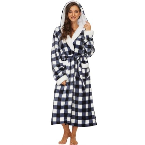 iniber Plush Robes for Women, Womens Robe Long, Fuzzy Fluffy Soft Warm Fleece Hooded Bathrobe - Image 1