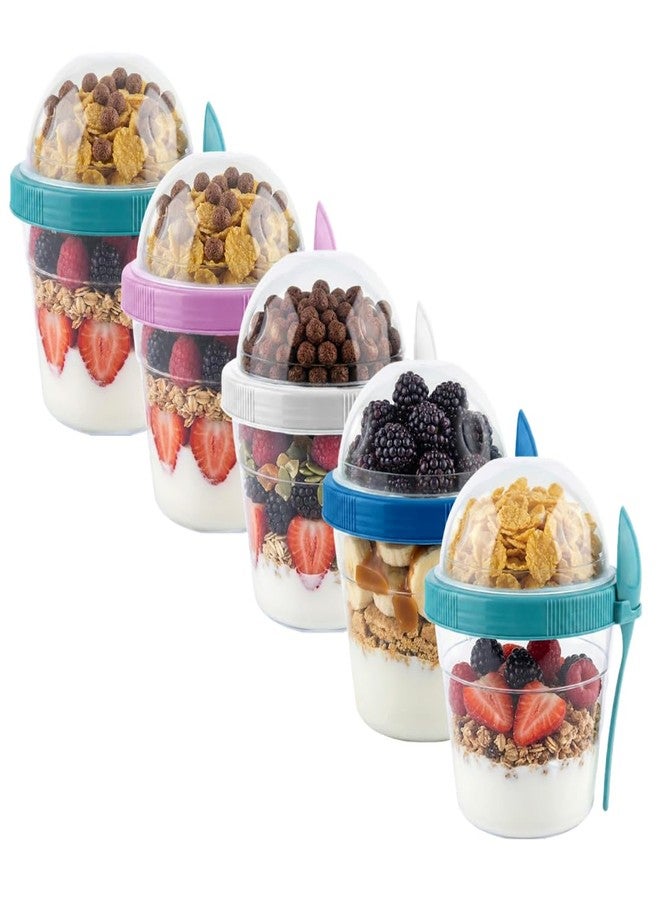 EYNEL 4 Pack 17 oz Small Breakfast On The Go Yogurt Parfait Cups, Reusable Plastic Containers with Lids and Spoons, Perfect Jars for Overnight Oats Cereal Granola Oatmeal (5 Colors) - Image 1