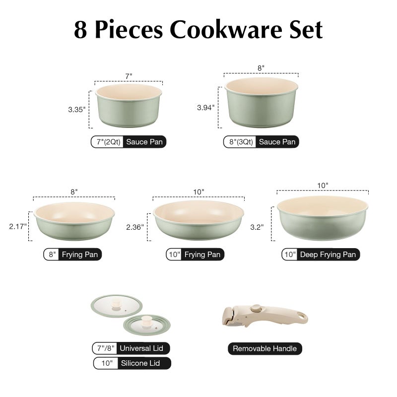 Iktu Ceramic Pots and Pans Set Non Stick Green, 8 Pcs Nonstick Cookware Set with Detachable Handle RV Camping Induction Kitchen Cookware Set Non Stick, PFAS PFOA & PTFE Free - Image 2