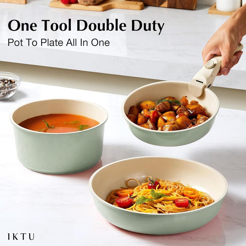 Iktu Ceramic Pots and Pans Set Non Stick Green, 8 Pcs Nonstick Cookware Set with Detachable Handle RV Camping Induction Kitchen Cookware Set Non Stick, PFAS PFOA & PTFE Free - Image 5