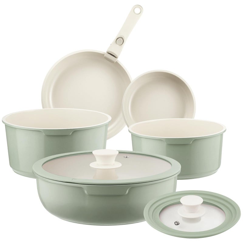 Iktu Ceramic Pots and Pans Set Non Stick Green, 8 Pcs Nonstick Cookware Set with Detachable Handle RV Camping Induction Kitchen Cookware Set Non Stick, PFAS PFOA & PTFE Free - Image 1