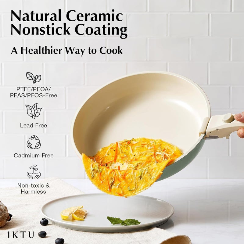Iktu Ceramic Pots and Pans Set Non Stick Green, 8 Pcs Nonstick Cookware Set with Detachable Handle RV Camping Induction Kitchen Cookware Set Non Stick, PFAS PFOA & PTFE Free - Image 3
