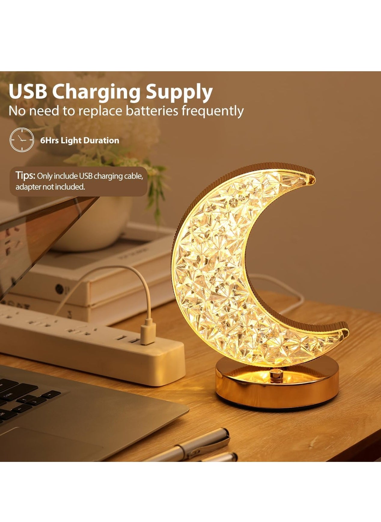 Crescent Moon Table Lamp, Stepless Dimmable Touch Lamp with 3 Colors, Rechargeable Night Light with USB Port, Ramadan Moon Light Bedside Lamp for Nightstand Desk Bedroom Living Room Home Decor - https://f.nooncdn.com/p/pzsku/Z97E7C807C225DAECDE7DZ/45/1746219534/37491168-eeda-4db9-9c9f-ebbc9522adb4.jpg?width=original