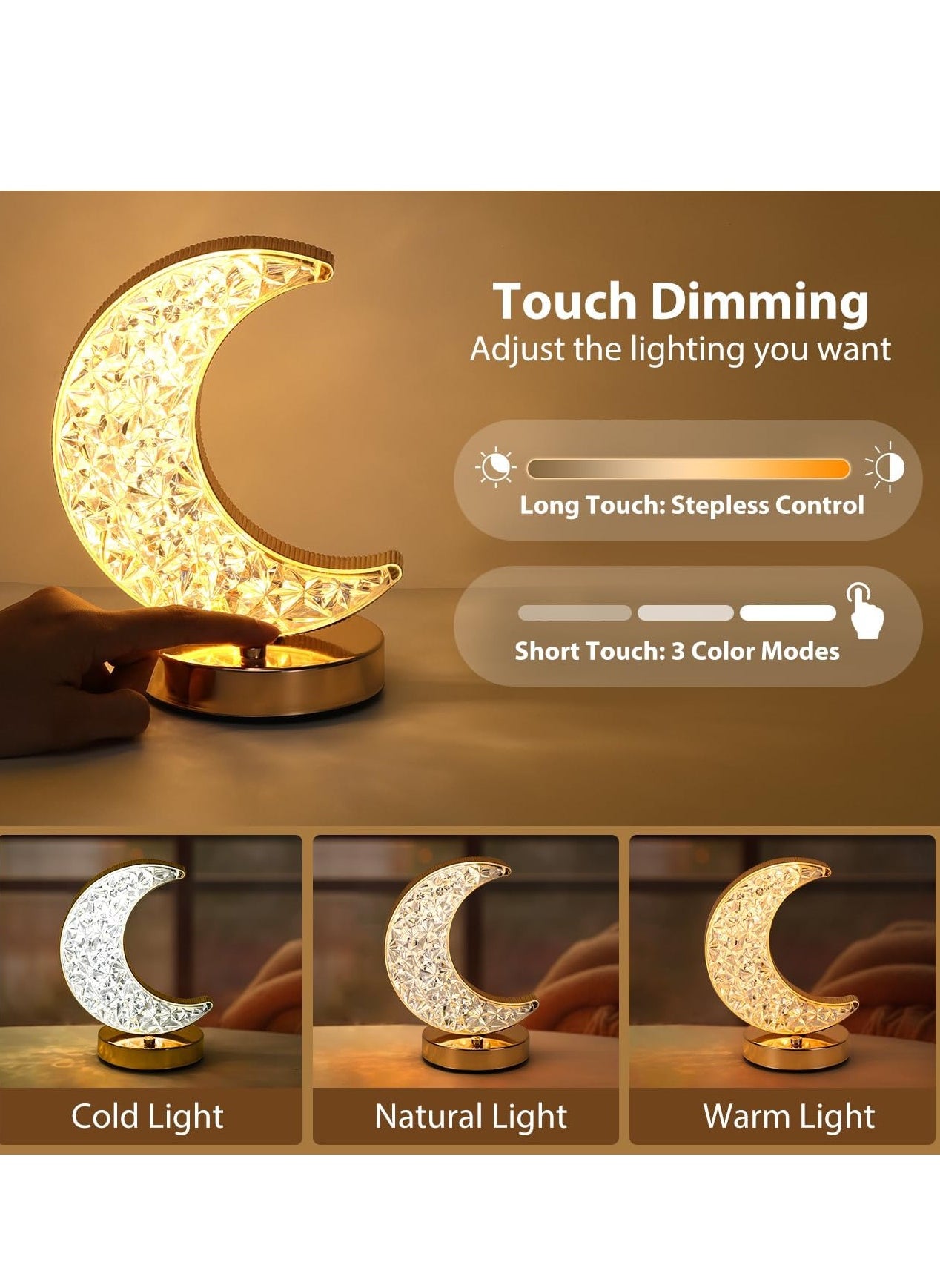 Crescent Moon Table Lamp, Stepless Dimmable Touch Lamp with 3 Colors, Rechargeable Night Light with USB Port, Ramadan Moon Light Bedside Lamp for Nightstand Desk Bedroom Living Room Home Decor - https://f.nooncdn.com/p/pzsku/Z97E7C807C225DAECDE7DZ/45/1746219539/97cf921f-d9f9-46e2-9d7d-af1fb33f3a56.jpg?width=original