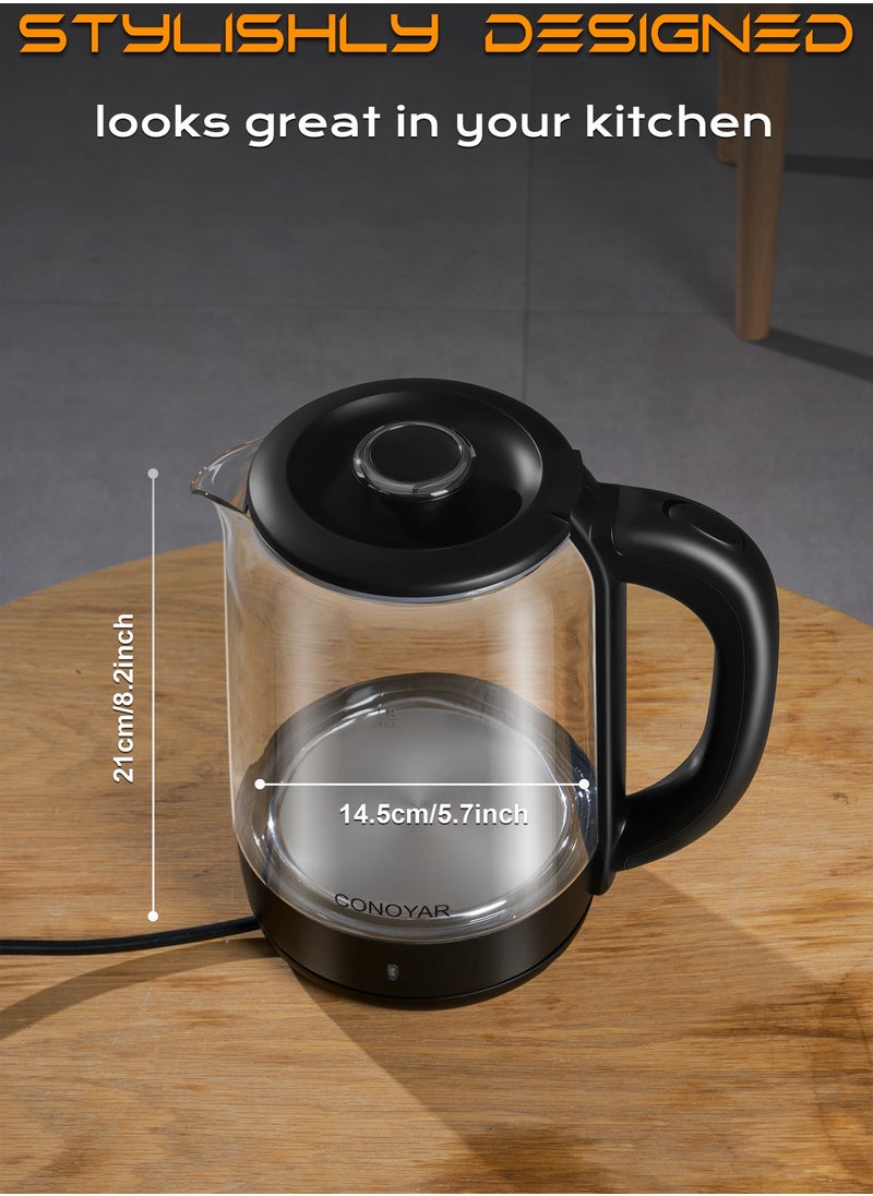 CONOYAR Cordless Electric Kettle 1800W Fast Water Boiler, 1.8L Glass & Stainless Steel Kettle With Wide Opening, LED Indicator, Auto Shut-Off＆Boil-Dry Protection