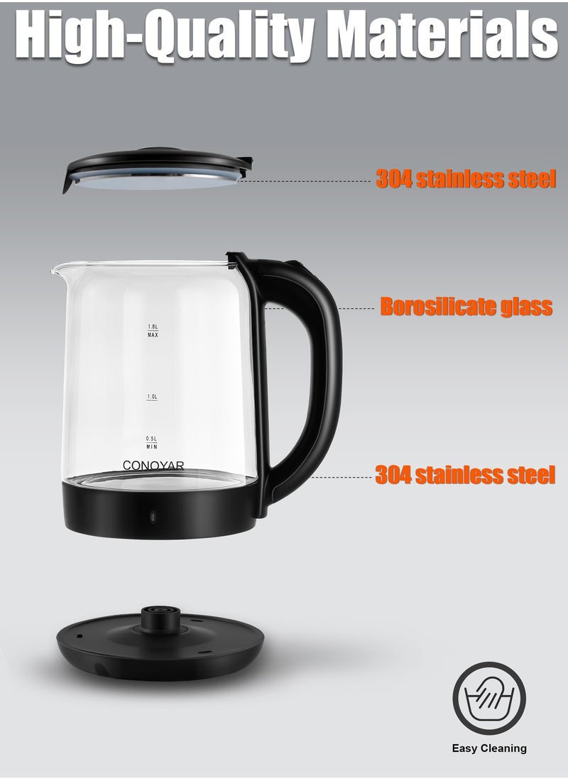 CONOYAR Cordless Electric Kettle 1800W Fast Water Boiler, 1.8L Glass & Stainless Steel Kettle With Wide Opening, LED Indicator, Auto Shut-Off＆Boil-Dry Protection