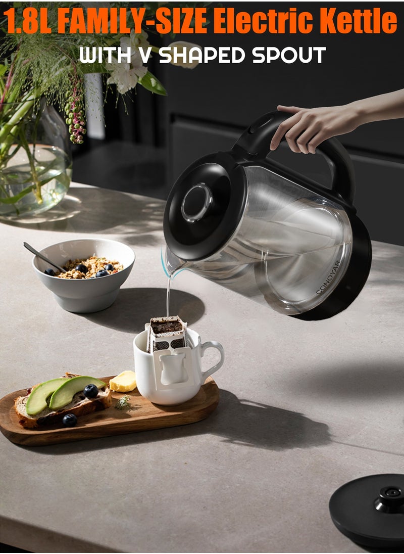 CONOYAR Cordless Electric Kettle 1800W Fast Water Boiler, 1.8L Glass & Stainless Steel Kettle With Wide Opening, LED Indicator, Auto Shut-Off＆Boil-Dry Protection
