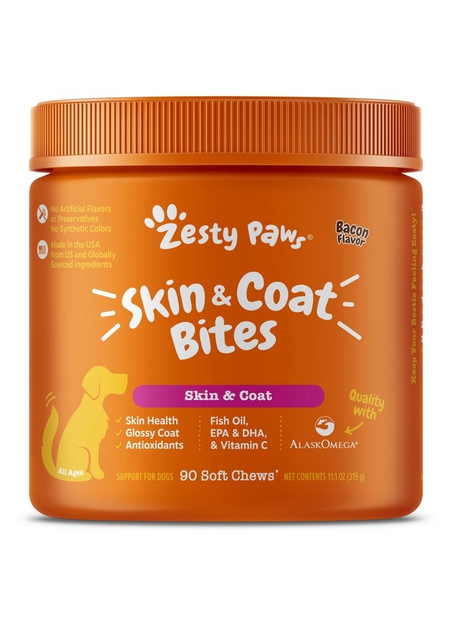 Zesty Paws Skin & Coat Bites For Dogs - Fish Oil Soft Chews With Omega-3 Fatty Acids Epa & Dha - Skin, Coat, Antioxidant & Immune Support - Bacon - 90 Count  - Image 1