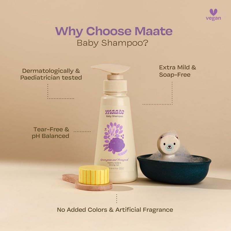 Maate Baby Shampoo (Pack of 2*250 ml) | Deep Cleanses, Nourishes Scalp & Hair | With Ayurvedic Herbs Shikakai & Amla | Baby Shampoo For Kids 0-12 Years | Baby Hair Shampoo |Tear Free & Chemical Free - Image 4