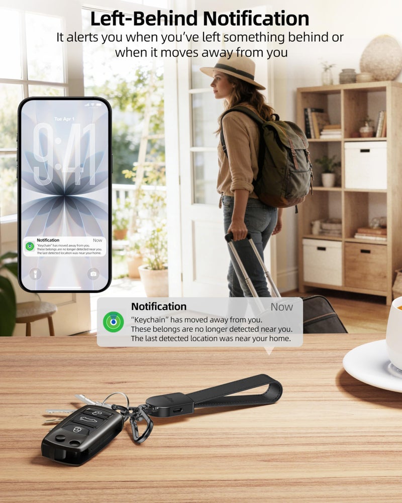 ExtreLife Keychain, Works with Apple Find My, Leather Car Keychain for Women and Men, Car Key Fob Holder, Key Chain with GPS Tracker, Anti-Lost Smart Keys Finder, Rechargeable, Black - Image 4