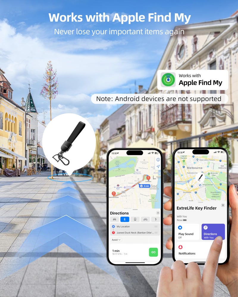 ExtreLife Keychain, Works with Apple Find My, Leather Car Keychain for Women and Men, Car Key Fob Holder, Key Chain with GPS Tracker, Anti-Lost Smart Keys Finder, Rechargeable, Black - Image 2