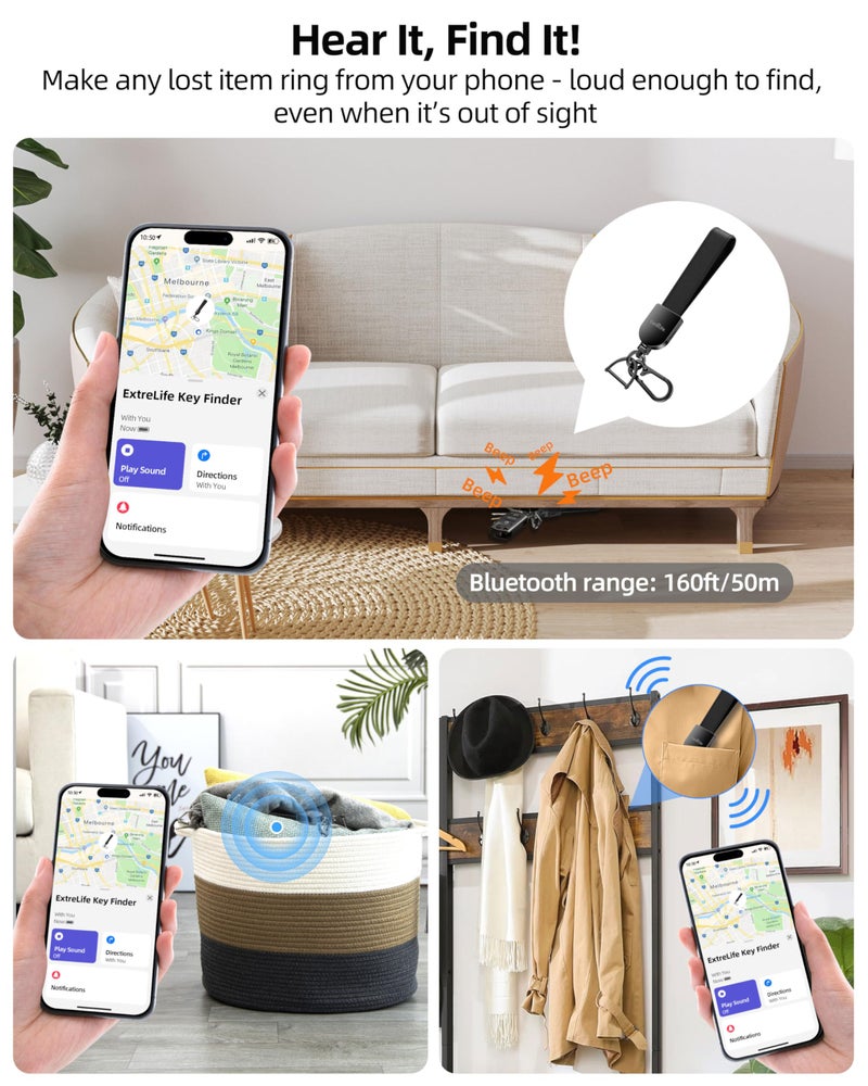 ExtreLife Keychain, Works with Apple Find My, Leather Car Keychain for Women and Men, Car Key Fob Holder, Key Chain with GPS Tracker, Anti-Lost Smart Keys Finder, Rechargeable, Black - Image 3