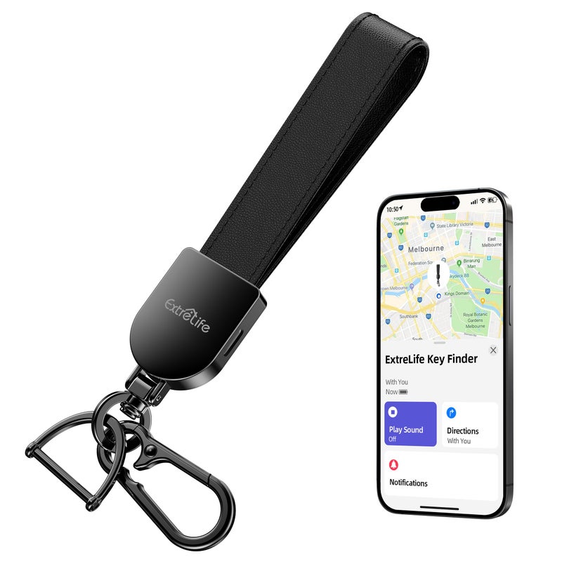 ExtreLife Keychain, Works with Apple Find My, Leather Car Keychain for Women and Men, Car Key Fob Holder, Key Chain with GPS Tracker, Anti-Lost Smart Keys Finder, Rechargeable, Black - Image 1