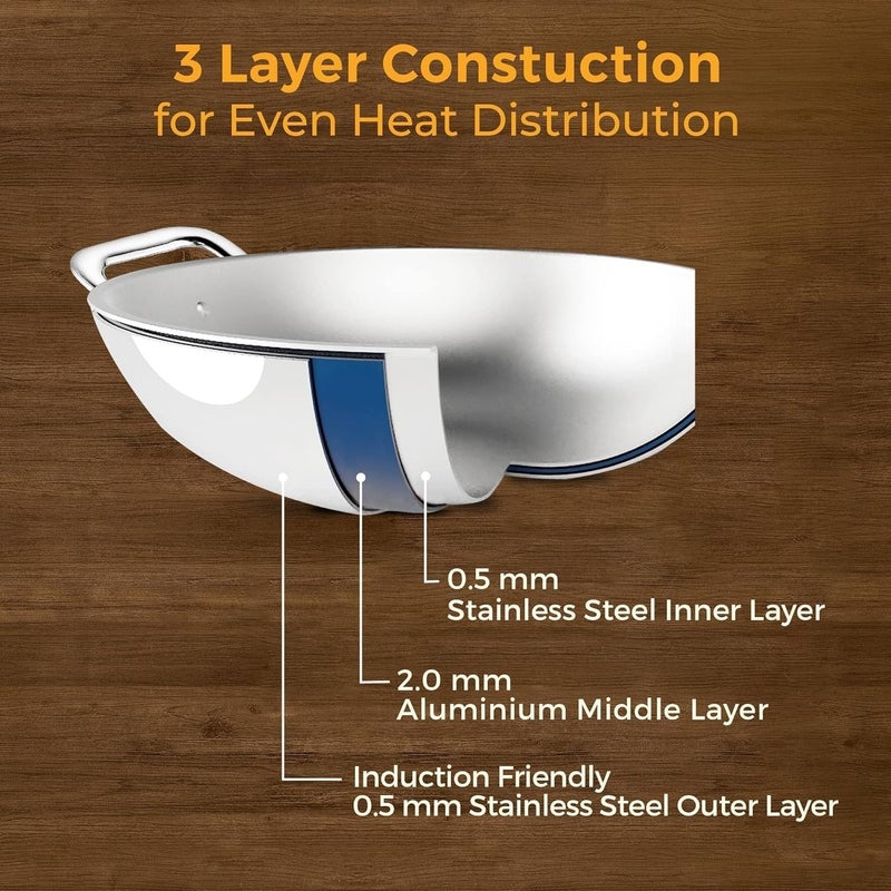 Dynore Stainless Steel Triply Extra Deep Kadai/Induction Friendly/ 20 cm Dia 1.3 LTR - Image 4