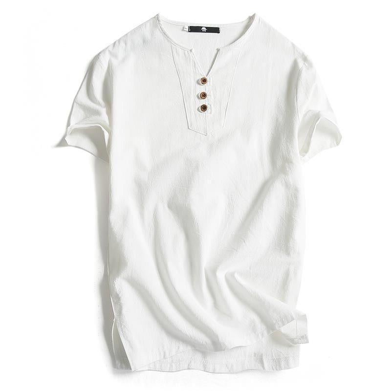 Chinese Style Linen T-shirt Men's Short-sleeved Summer Solid Color Cotton and Linen Half-sleeved V-neck Base Shirt Chinese Style Men's All-match Top - Image 4