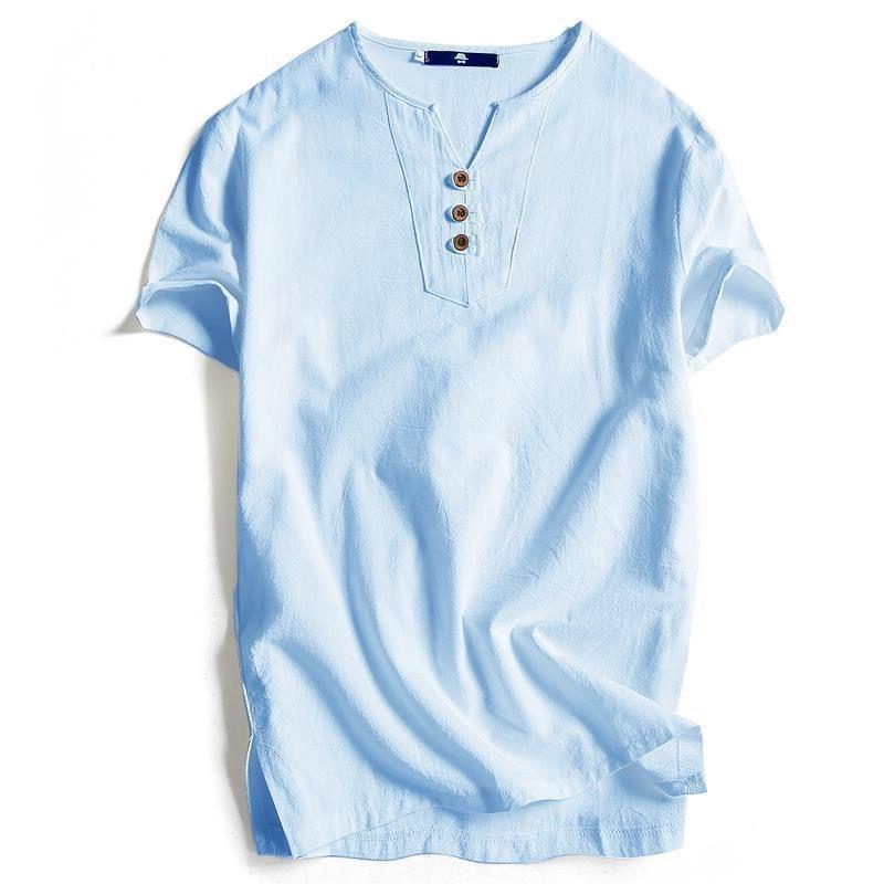 Chinese Style Linen T-shirt Men's Short-sleeved Summer Solid Color Cotton and Linen Half-sleeved V-neck Base Shirt Chinese Style Men's All-match Top - Image 5