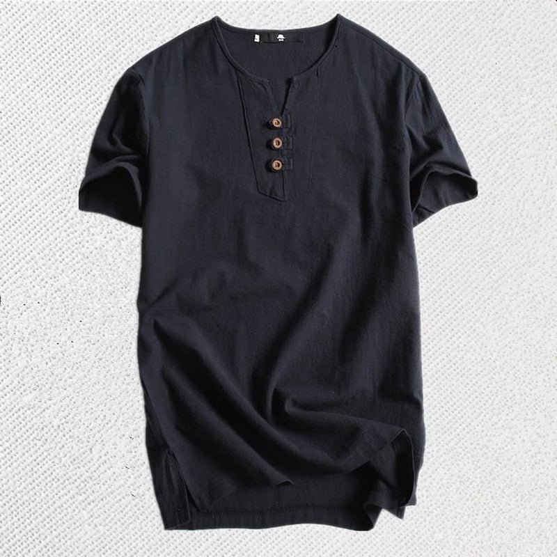 Chinese Style Linen T-shirt Men's Short-sleeved Summer Solid Color Cotton and Linen Half-sleeved V-neck Base Shirt Chinese Style Men's All-match Top - Image 3