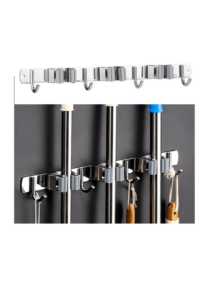 ECVV ECVV Mop Broom Holder, Wall Mount Stainless Steel Hanger, Self-Adhesive Tool Organizer, 3 Racks 4 Hooks Heavy Duty Rack No Drill for Home, Garage, Kitchen, Garden, Bathroom Storage-Silver - Image 1