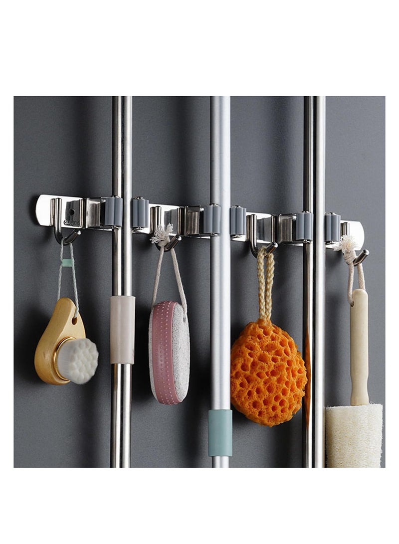 ECVV ECVV Mop Broom Holder, Wall Mount Stainless Steel Hanger, Self-Adhesive Tool Organizer, 3 Racks 4 Hooks Heavy Duty Rack No Drill for Home, Garage, Kitchen, Garden, Bathroom Storage-Silver - Image 2