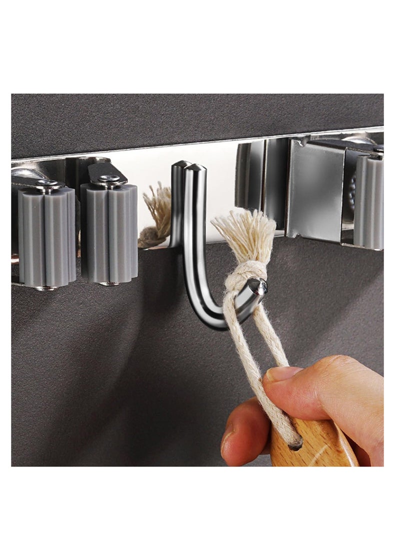 ECVV ECVV Mop Broom Holder, Wall Mount Stainless Steel Hanger, Self-Adhesive Tool Organizer, 3 Racks 4 Hooks Heavy Duty Rack No Drill for Home, Garage, Kitchen, Garden, Bathroom Storage-Silver - Image 4